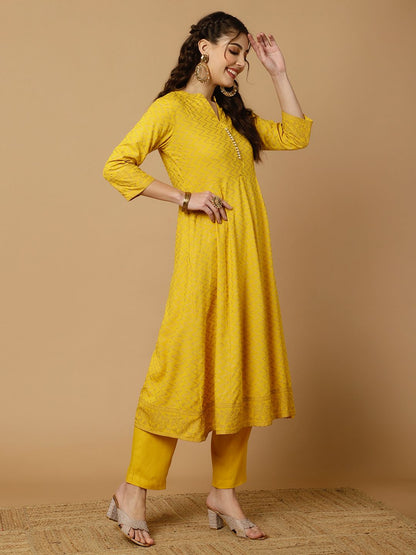 Mustard Zigzag Printed Anarkali Kurta With Pants And Dupatta