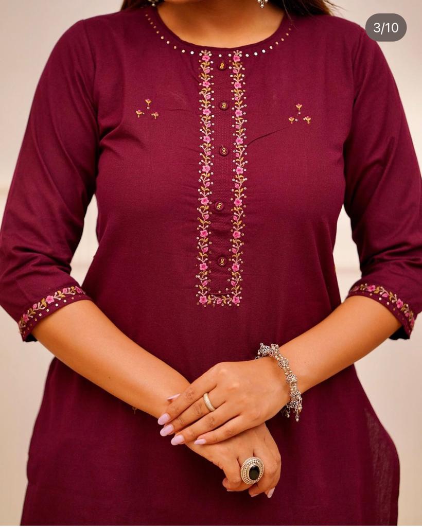 WINE EMBROIDERY KURTI PANT SET