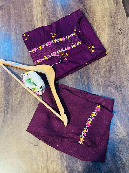 WINE EMBROIDERY KURTI PANT SET