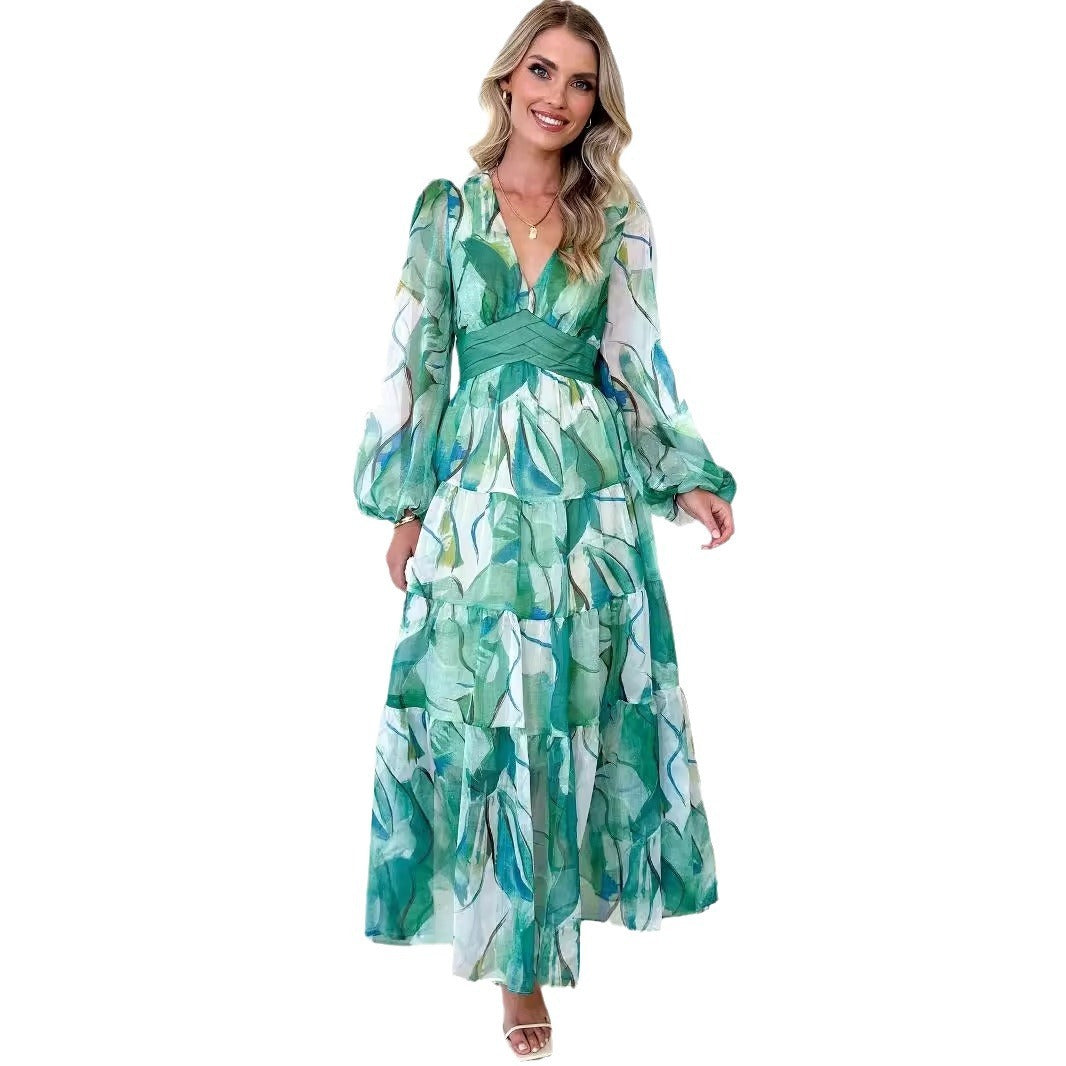 Deep V Printed Casual Long Sleeve Mid-length Dress Women