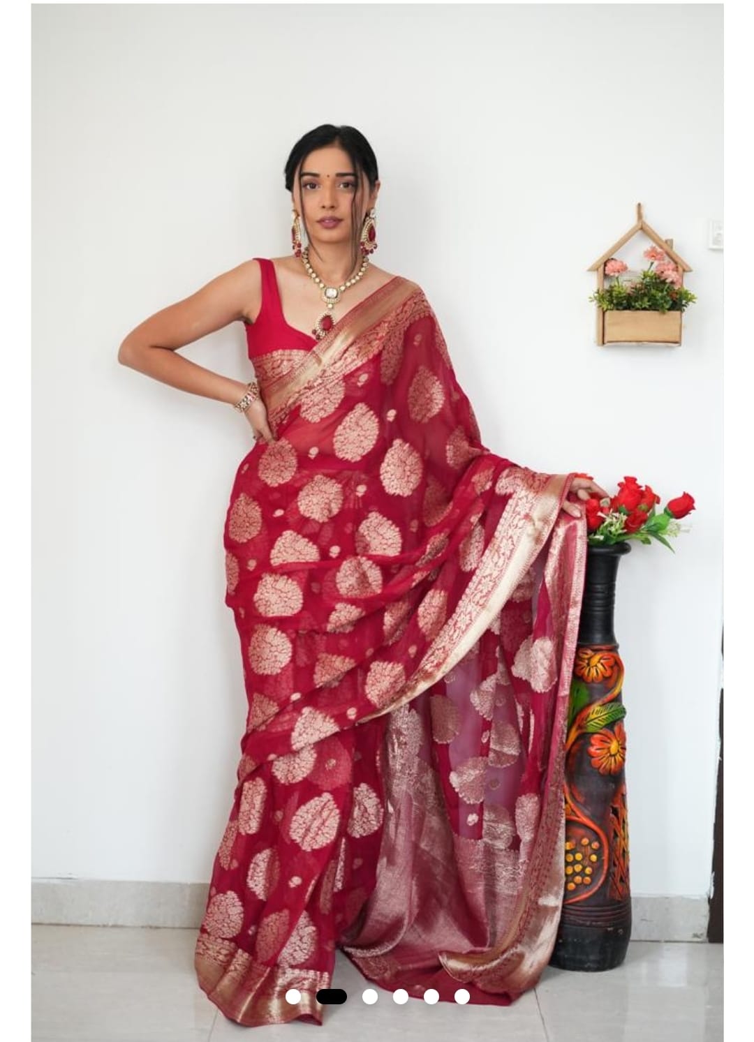 Red Soft Cotton Silk Ready To Wear Saree