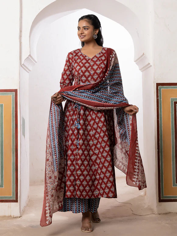 Maroon Cotton Printed Palazzo Set