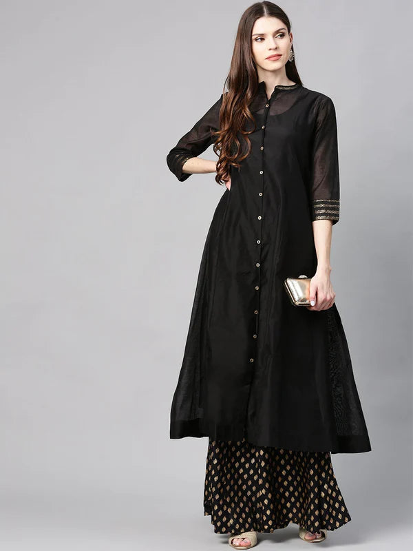 BLACK CHANDERI SILK SOLID ANARKALI KURTA