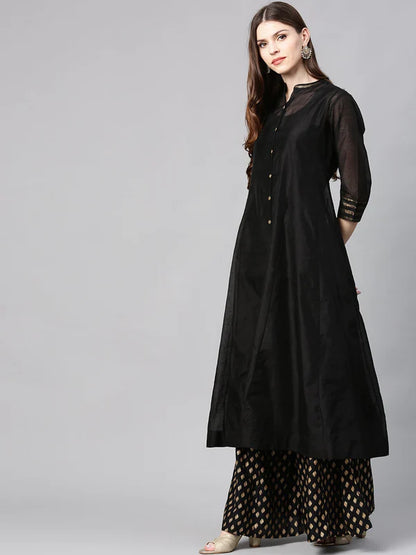 BLACK CHANDERI SILK SOLID ANARKALI KURTA