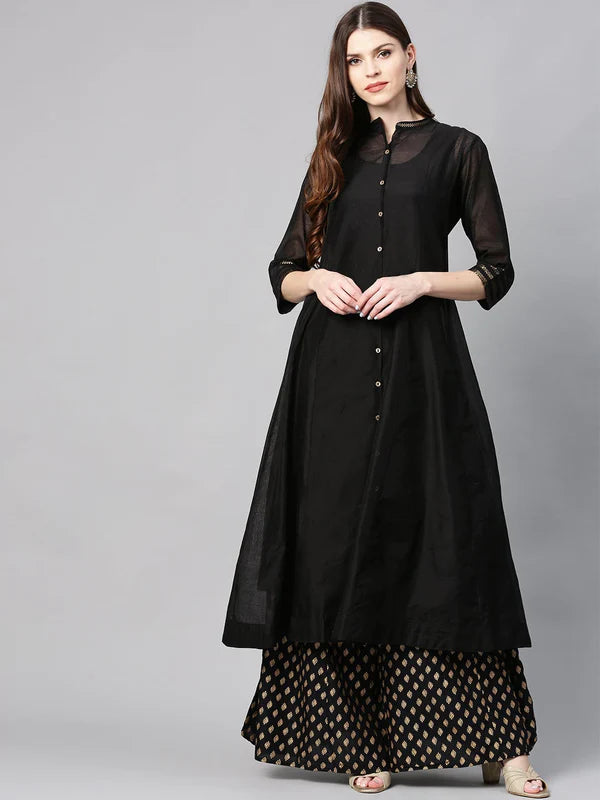 BLACK CHANDERI SILK SOLID ANARKALI KURTA