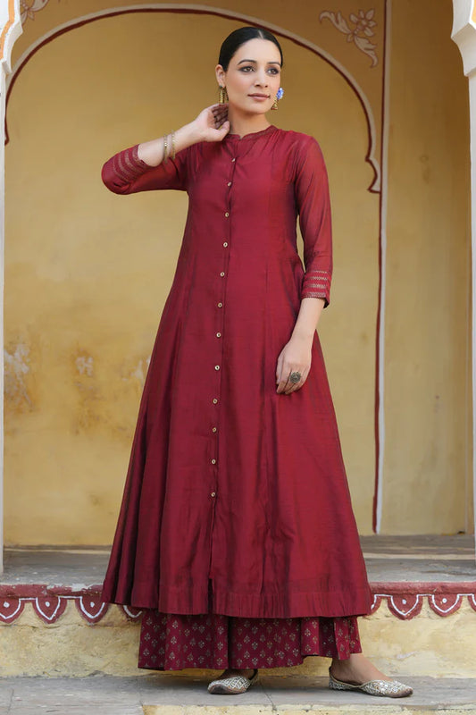 MAROON CHANDERI SILK SOLID ANARKALI KURTA