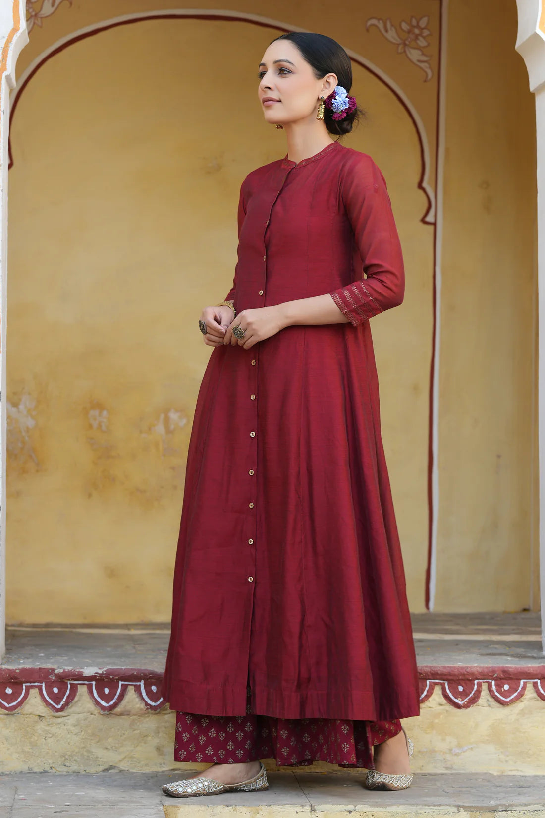 MAROON CHANDERI SILK SOLID ANARKALI KURTA