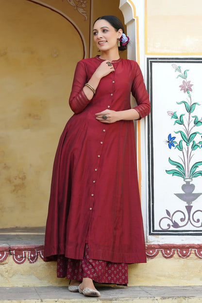 MAROON CHANDERI SILK SOLID ANARKALI KURTA