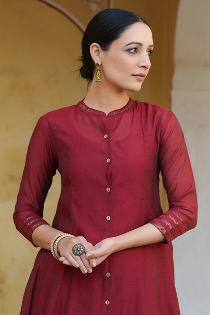 MAROON CHANDERI SILK SOLID ANARKALI KURTA