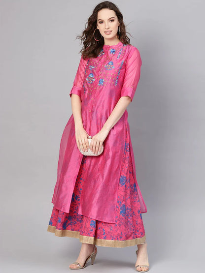 FUCHSIA CHANDERI SILK EMBROIDERED & PRINTED LAYERED DRESS