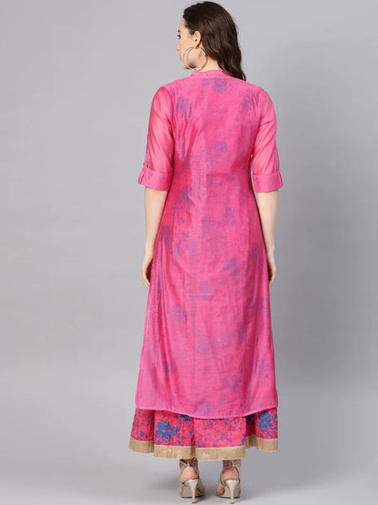 FUCHSIA CHANDERI SILK EMBROIDERED & PRINTED LAYERED DRESS