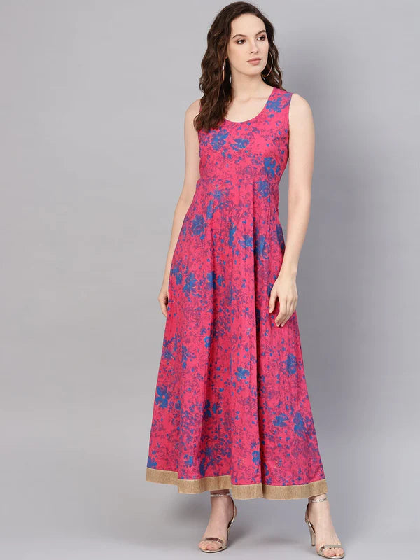 FUCHSIA CHANDERI SILK EMBROIDERED & PRINTED LAYERED DRESS