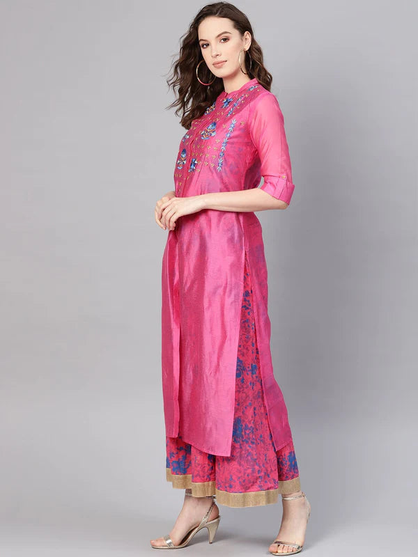 FUCHSIA CHANDERI SILK EMBROIDERED & PRINTED LAYERED DRESS