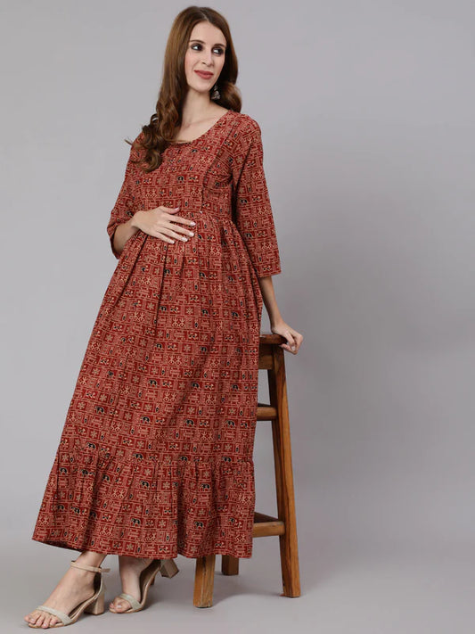 RUST ETHNIC PRINTED MATERNITY DRESS WITH THREE QUARTER SLEEVES