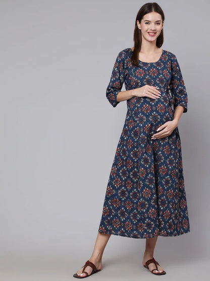 NAVY BLUE ETHINC PRINTED FLARED MATERNITY DRESS