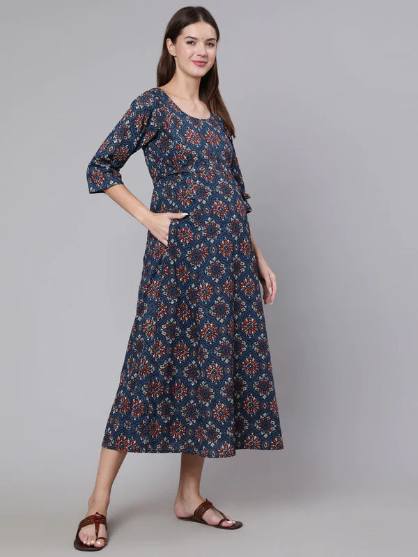 NAVY BLUE ETHINC PRINTED FLARED MATERNITY DRESS