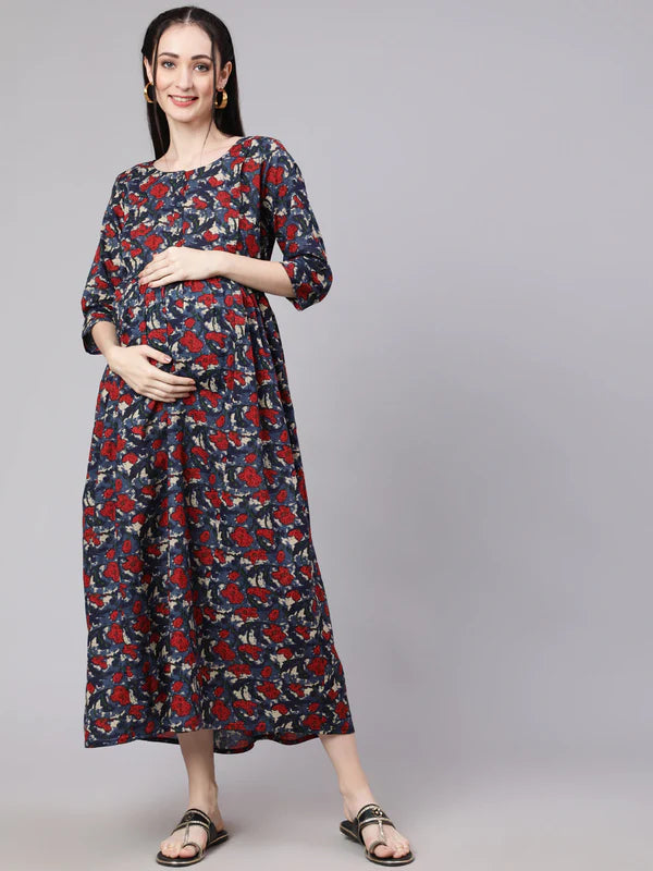 MULTI ETHNIC PRINTED FLARED MATERNITY DRESS