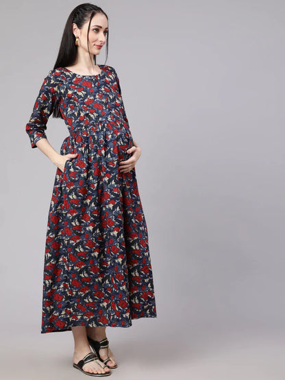 MULTI ETHNIC PRINTED FLARED MATERNITY DRESS