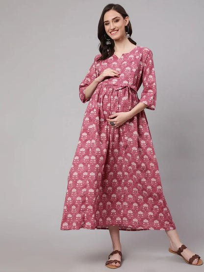 PINK FLORAL PRINTED FLARED MATERNITY DRESS