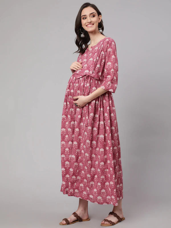 PINK FLORAL PRINTED FLARED MATERNITY DRESS