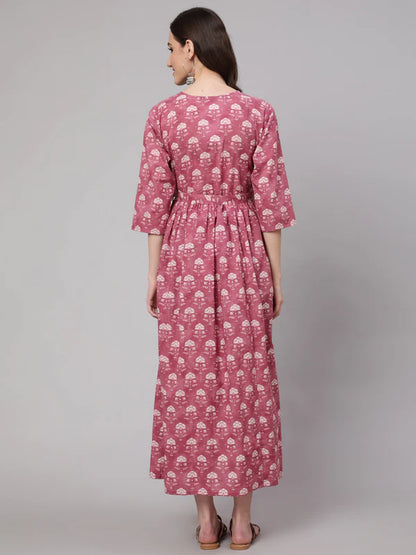 PINK FLORAL PRINTED FLARED MATERNITY DRESS