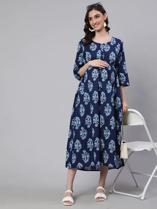 BLUE PRINTED FLARED MATERNITY DRESS