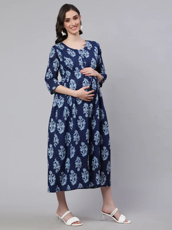 BLUE PRINTED FLARED MATERNITY DRESS