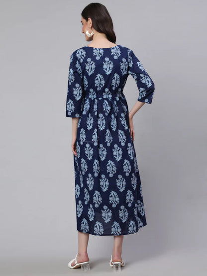 BLUE PRINTED FLARED MATERNITY DRESS