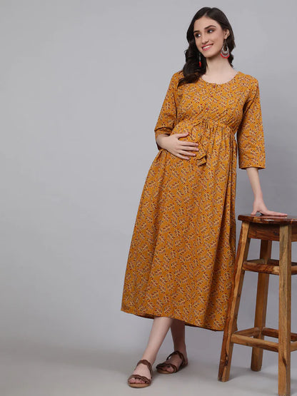 MUSTARD PRINTED FLARED MATERNITY DRESS