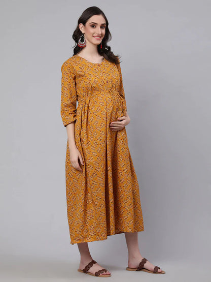 MUSTARD PRINTED FLARED MATERNITY DRESS