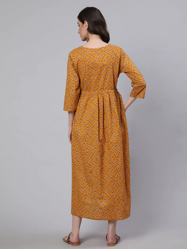 MUSTARD PRINTED FLARED MATERNITY DRESS