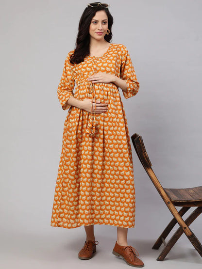 WOMEN YELLOW ETHNIC PRINTED FLARED MATERNITY DRESS