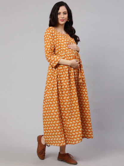 WOMEN YELLOW ETHNIC PRINTED FLARED MATERNITY DRESS