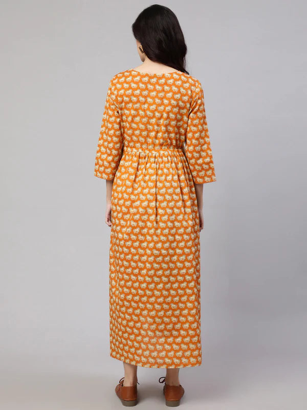 WOMEN YELLOW ETHNIC PRINTED FLARED MATERNITY DRESS