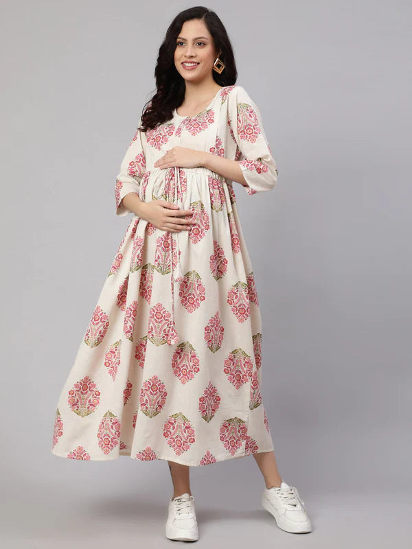 WOMEN OFF WHITE & BLUE FLORAL PRINTED MATERNITY DRESS WITH THREE QUARTER SLEEVES