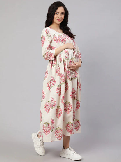 WOMEN OFF WHITE & BLUE FLORAL PRINTED MATERNITY DRESS WITH THREE QUARTER SLEEVES