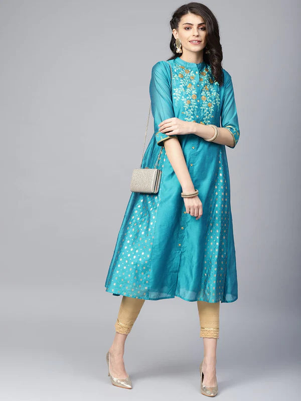 TEAL CHANDERI SILK EMBROIDERED & PRINTED ANARKALI KURTA