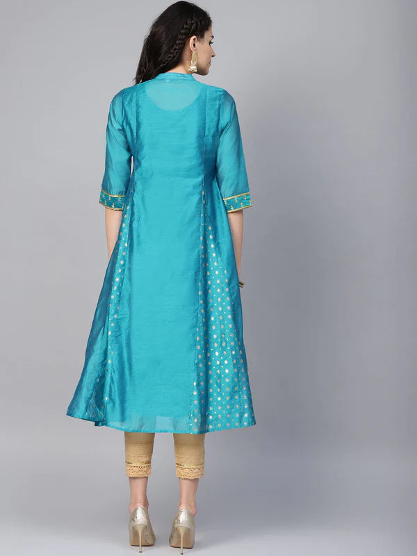 TEAL CHANDERI SILK EMBROIDERED & PRINTED ANARKALI KURTA