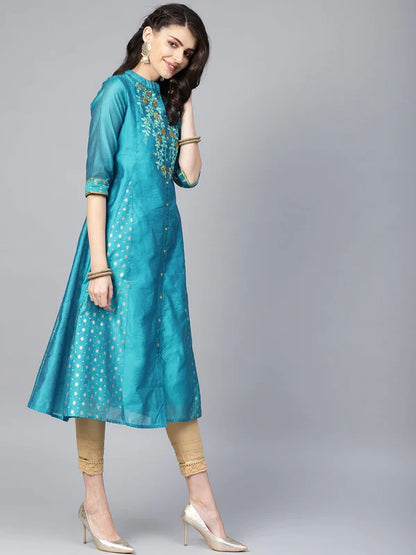 TEAL CHANDERI SILK EMBROIDERED & PRINTED ANARKALI KURTA