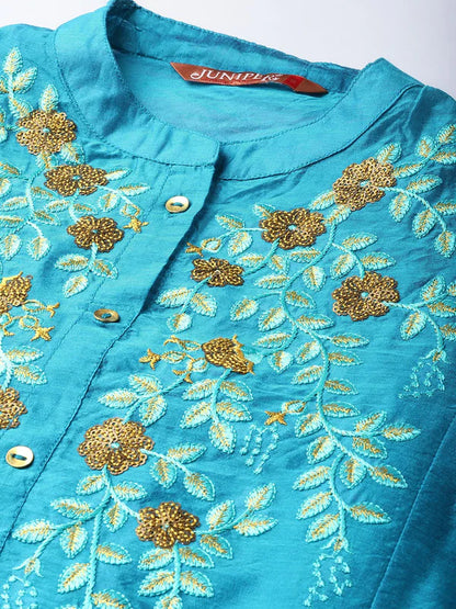 TEAL CHANDERI SILK EMBROIDERED & PRINTED ANARKALI KURTA