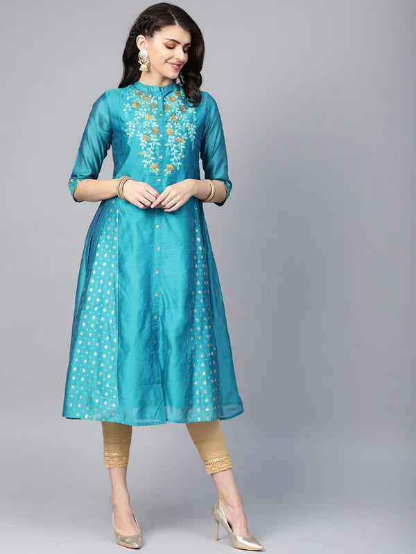 TEAL CHANDERI SILK EMBROIDERED & PRINTED ANARKALI KURTA