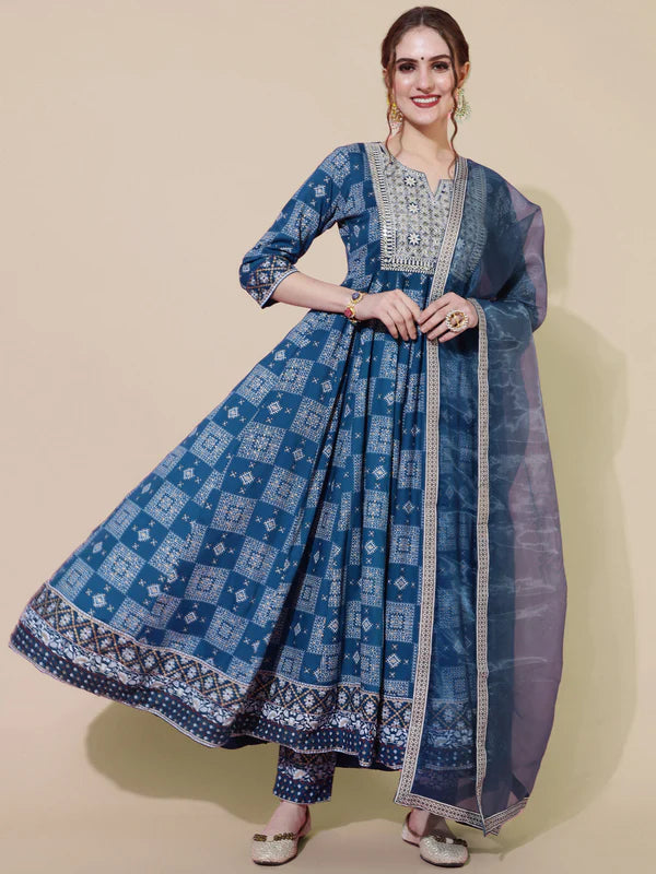 BLUE PRINTED FLARED 3/4 SLEEVES ROUND NECK KURTA BOTTOM DUPATTA SET