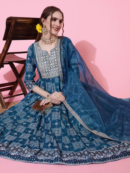 BLUE PRINTED FLARED 3/4 SLEEVES ROUND NECK KURTA BOTTOM DUPATTA SET