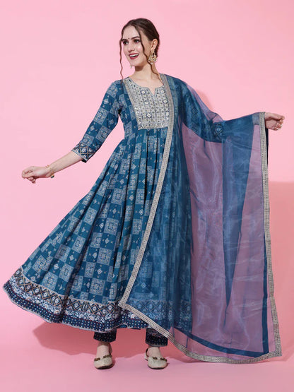 BLUE PRINTED FLARED 3/4 SLEEVES ROUND NECK KURTA BOTTOM DUPATTA SET