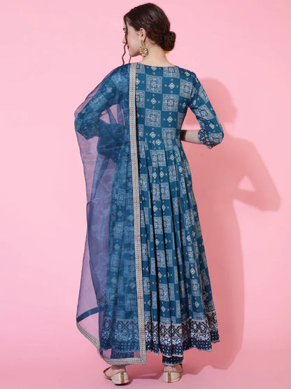 BLUE PRINTED FLARED 3/4 SLEEVES ROUND NECK KURTA BOTTOM DUPATTA SET