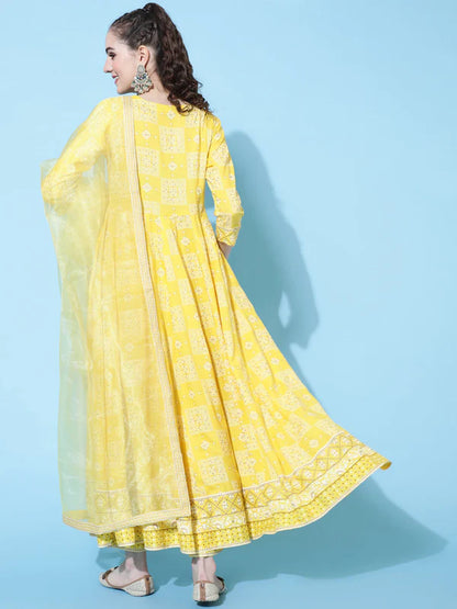 RAYON CALF LENGTH PRINTED FLARED 3/4 SLEEVES ROUND NECK KURTA BOTTOM DUPATTA SET