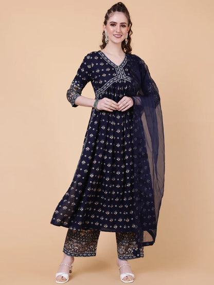 RAYON CALF LENGTH PRINTED SEMI-FLARED 3/4 SLEEVES V-NECK KURTA BOTTOM DUPATTA SET