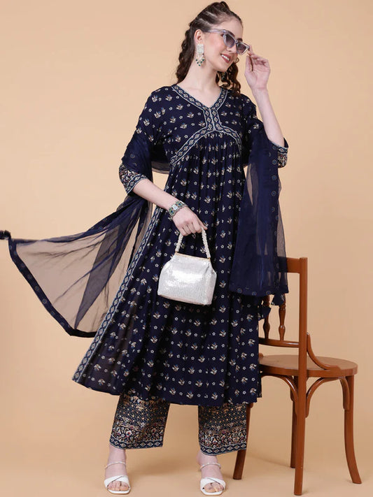 RAYON CALF LENGTH PRINTED SEMI-FLARED 3/4 SLEEVES V-NECK KURTA BOTTOM DUPATTA SET