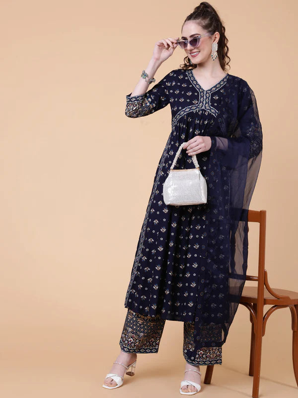 RAYON CALF LENGTH PRINTED SEMI-FLARED 3/4 SLEEVES V-NECK KURTA BOTTOM DUPATTA SET