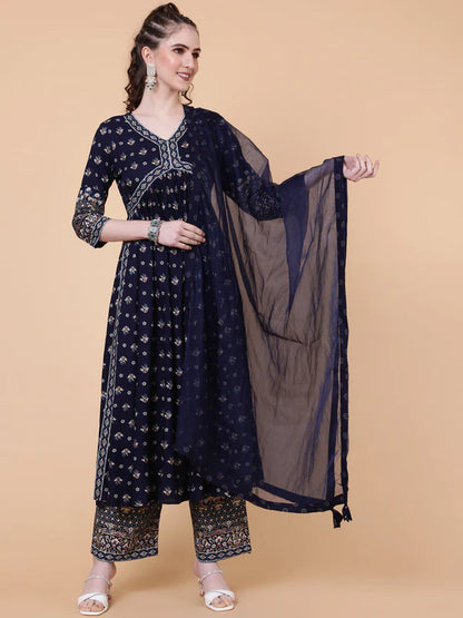 RAYON CALF LENGTH PRINTED SEMI-FLARED 3/4 SLEEVES V-NECK KURTA BOTTOM DUPATTA SET